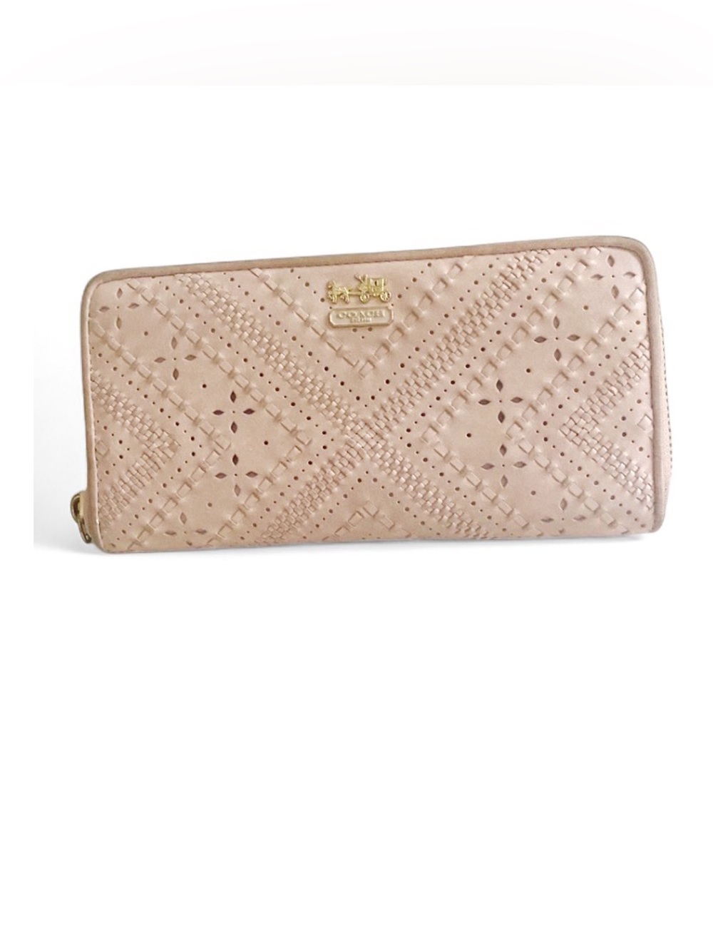 Coach Vintage Y2K Tan Laser Cut Woven Leather Continental Wallet Gold Hardware